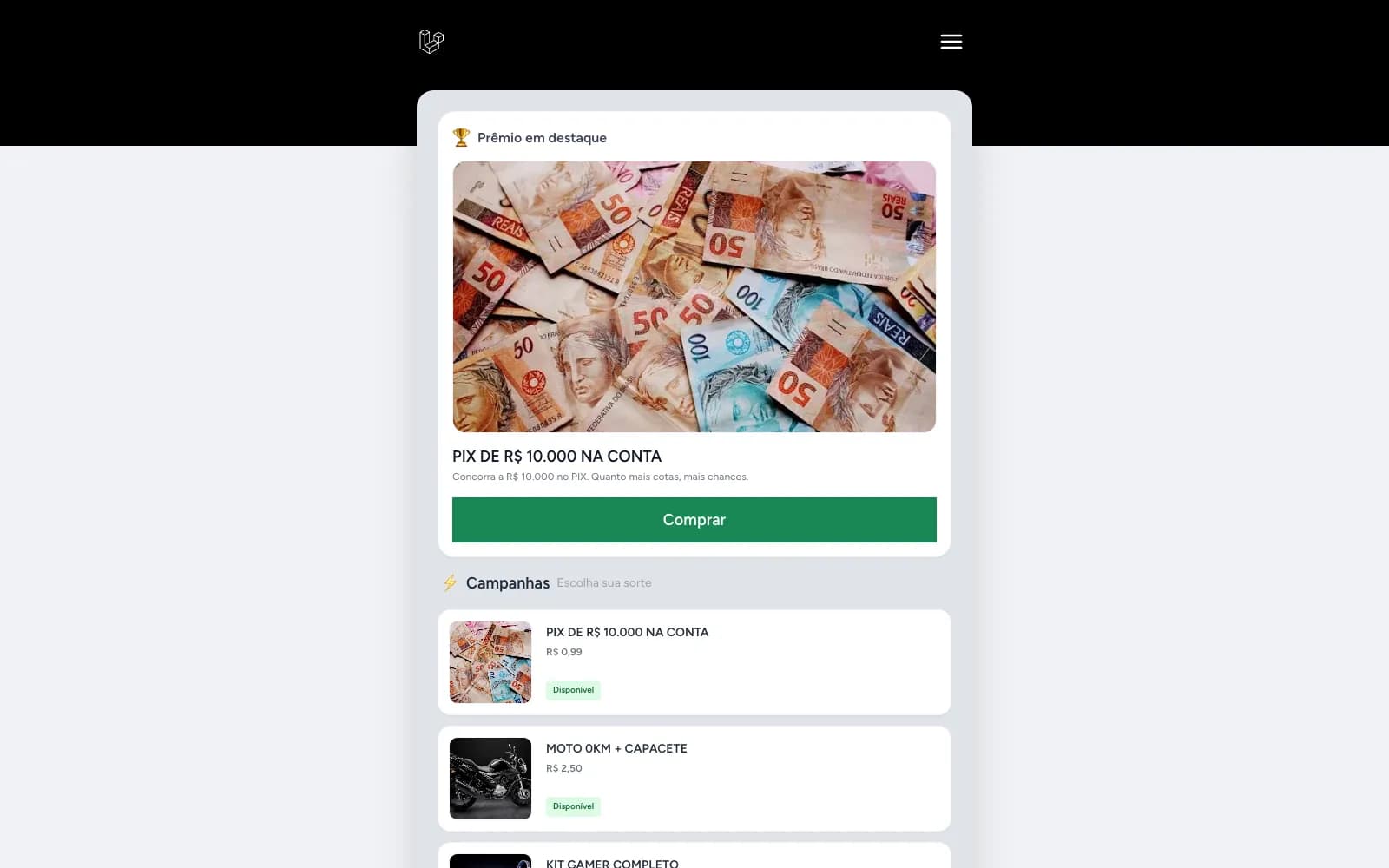Site das campanhas da Rifa online completa, tela de demonstração